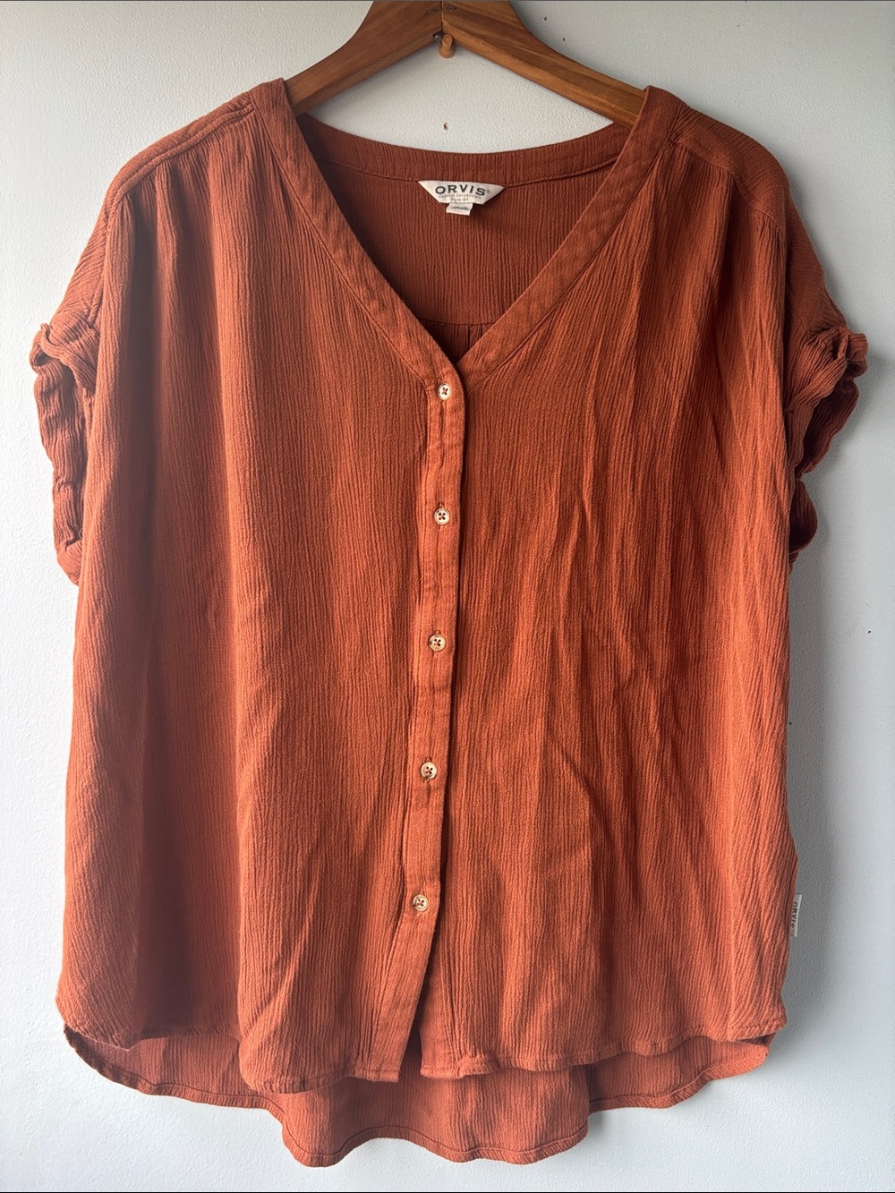 Orvis Rust Button Front Drapey Top, M
